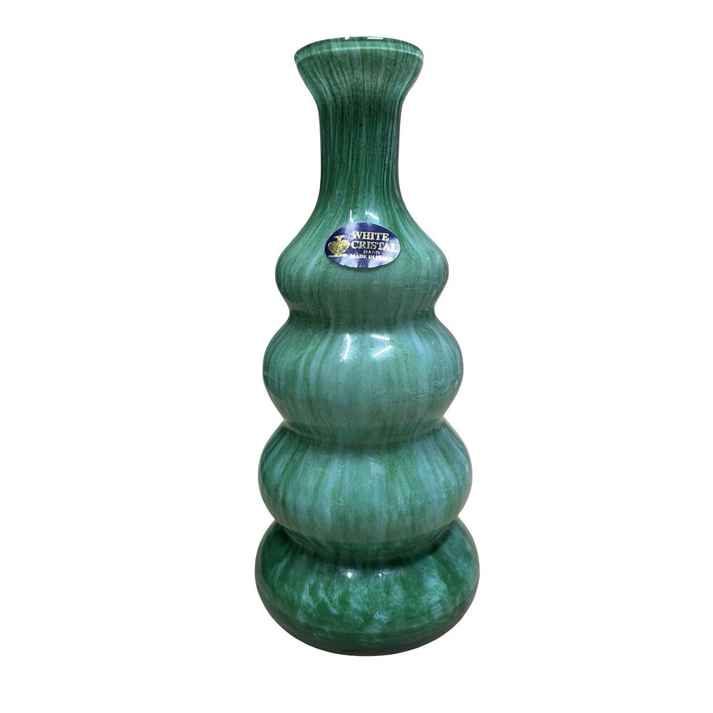 Vintage Italy White Cristal Murano Art Glass Vase Green w/ Original Tag